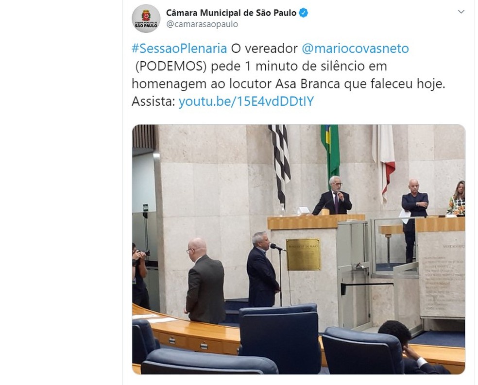 Câmara de Vereadores de São Paulo faz minuto de silêncio após a notícia da morte do locutor Asa Branca — Foto: Reprodução/Câmara Municipal de Vereadores de São Paulo