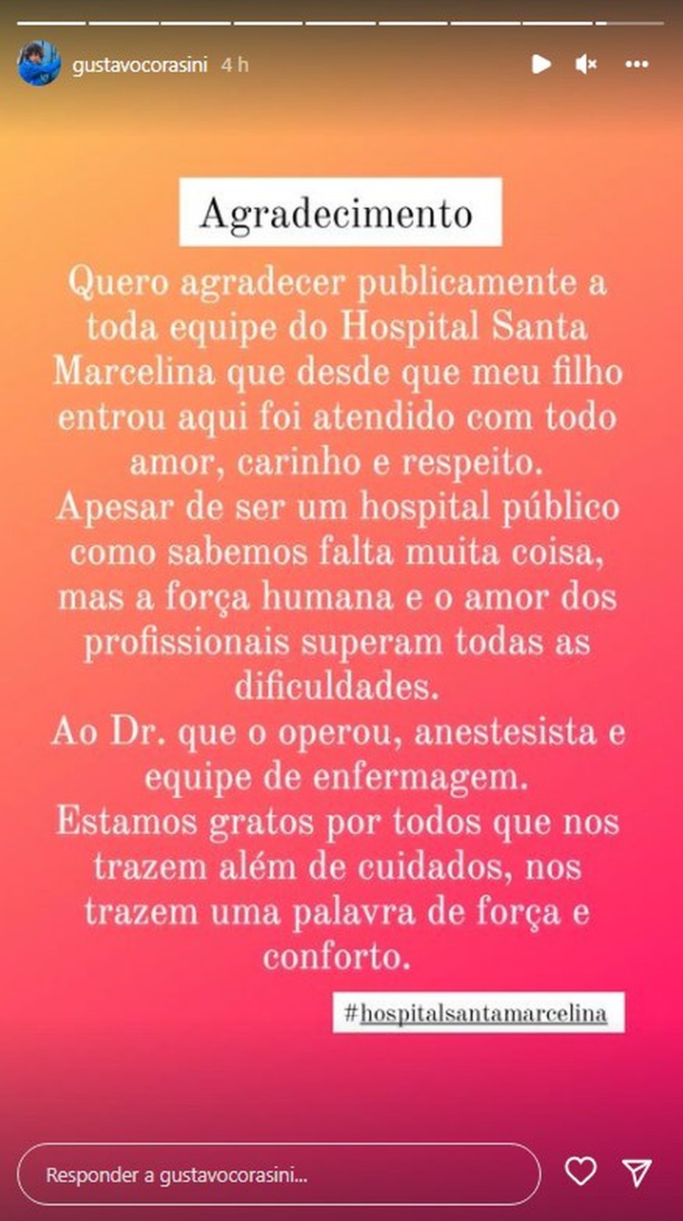 Mãe de Gustavo Corasini faz post agradecendo equipe médica de hospital — Foto: Reprodução/Instagram
