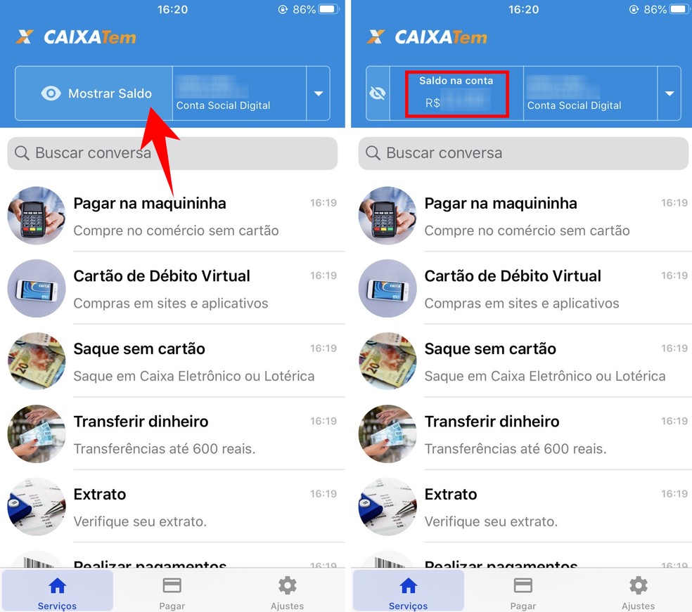 Caixa Tem mostra o saldo com apenas um toque — Foto: Reprodução/Rodrigo Fernandes