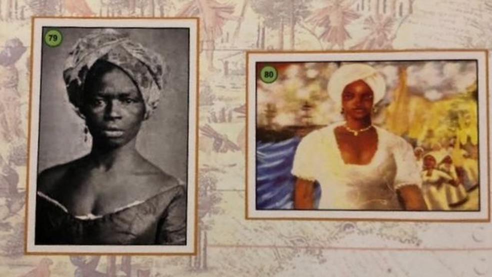 Representações de Maria Felipa no álbum de figurinha 'Eis a Bahia' — Foto: GILBERTO MENDONÇA via BBC