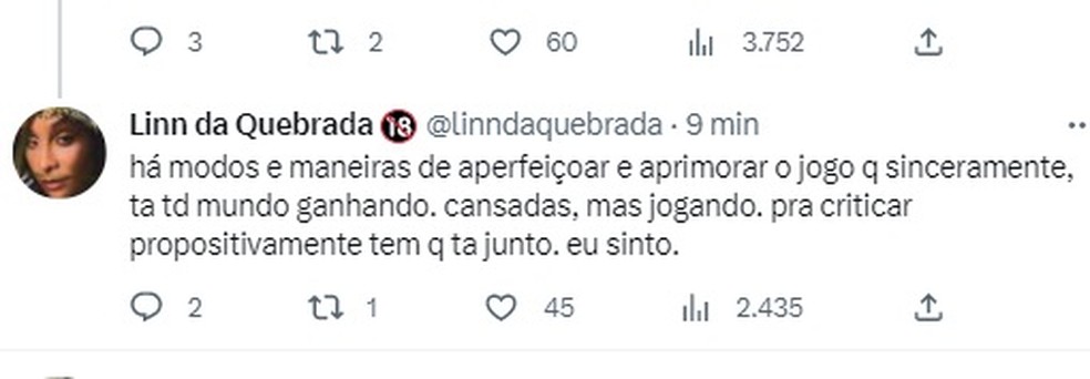 Tweet de Linn da Quebrada &mdash; Foto: Reprodu&ccedil;&atilde;o/Twitter