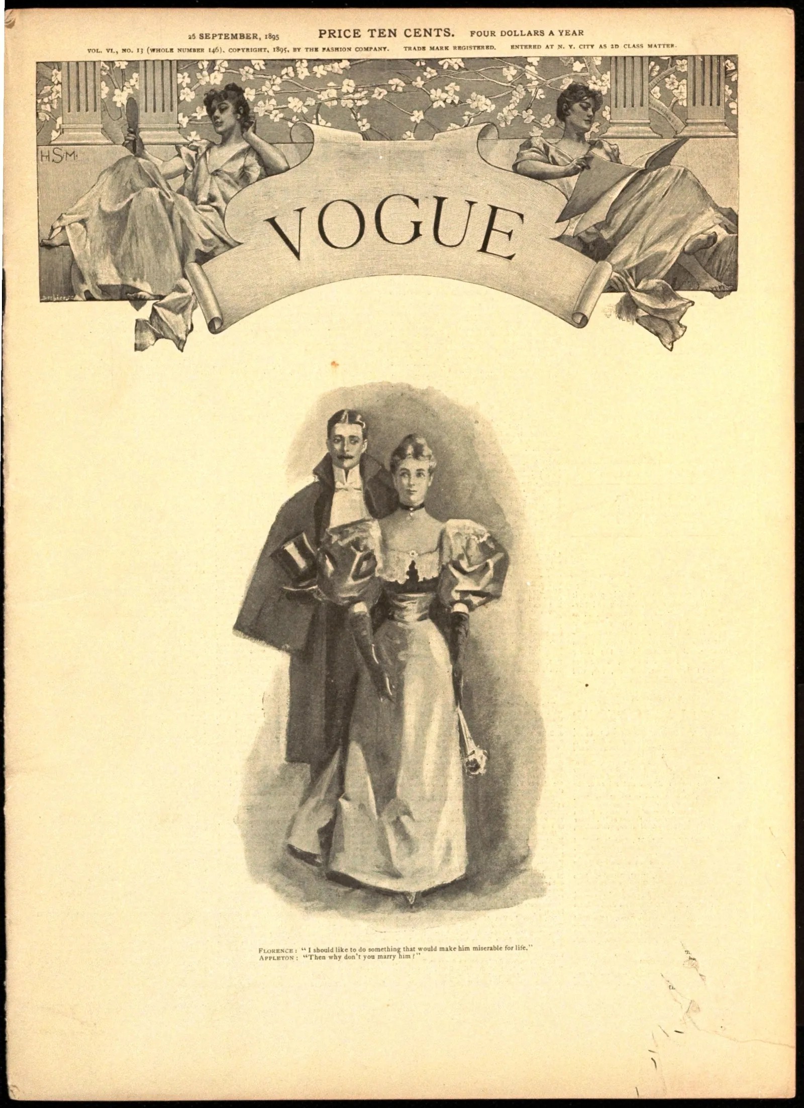 A edição de setembro de 1895 da Vogue, mostrando um casal vestido para uma noite formal (Foto: Cortesia do Arquivo Conde Nast)
