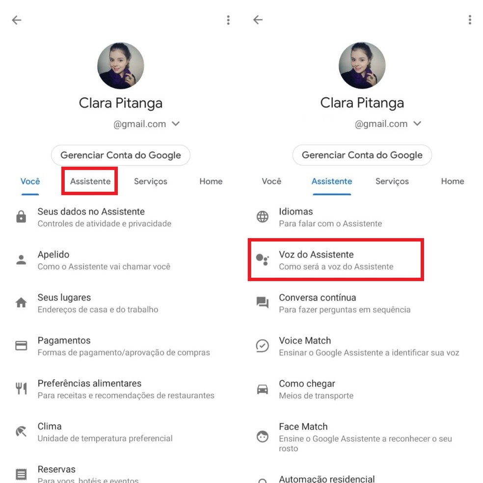 Toque sobre "Assistente" para encontrar a opção de mudar a voz — Foto: Reprodução/Clara Fabro