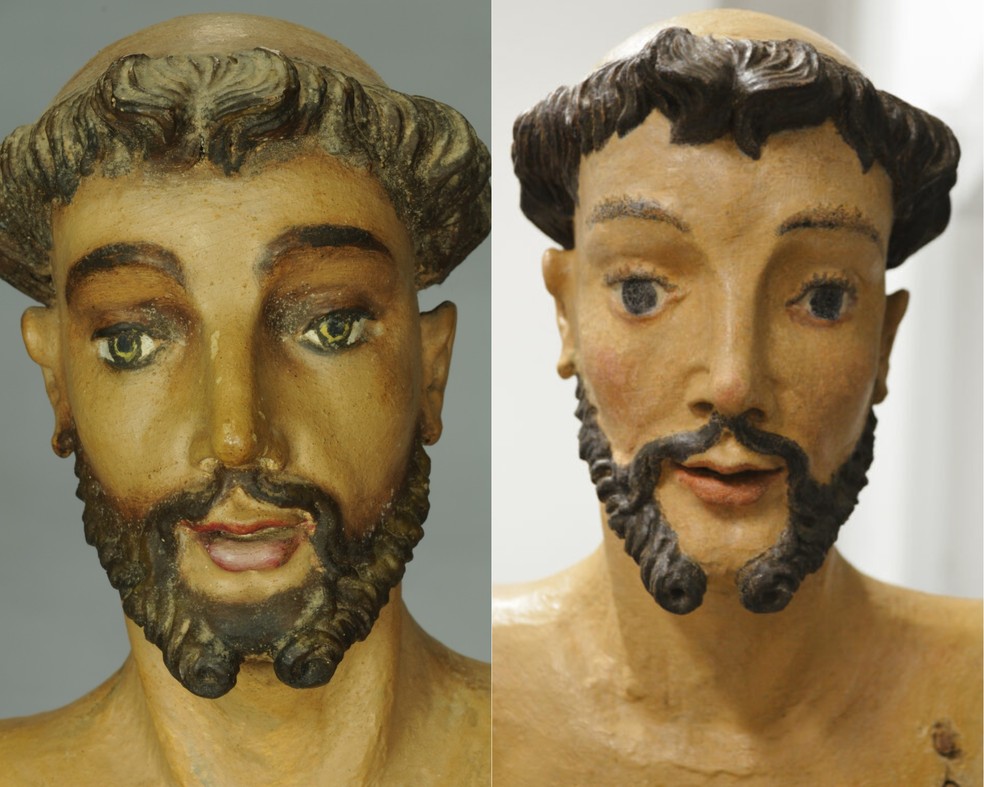 Imagem de São Francisco de Assis antes e depois da restauração no Cecor/ UFMG — Foto: Cláudio Nadalin/ Cecor