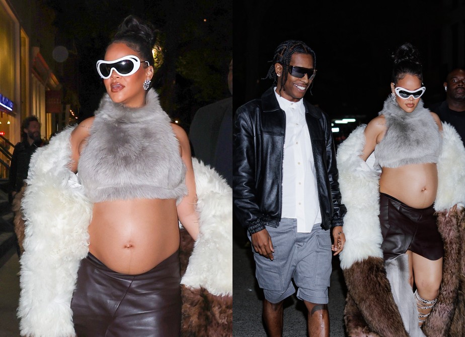 Acompanhada de ASAP Rocky, Rihanna caminha pelas ruas de Nova York com look de plumas e exibe barrigão