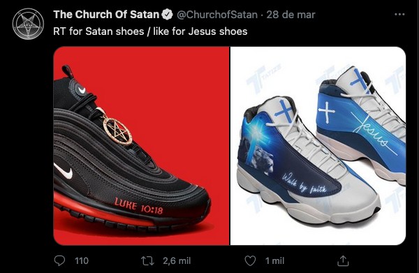 A provocação feita no Twitter da Igreja de Satã, comparando os tênis de Lil Nas X com tênis customizados inspirados em Jesus (Foto: Twitter)