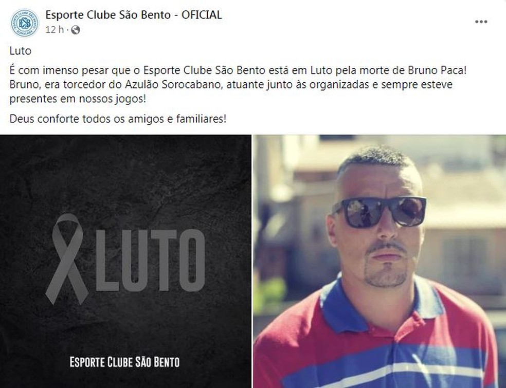 Esporte Clube São Bento também fez postagem em homenagem a Bruno — Foto: Reprodução/Facebook