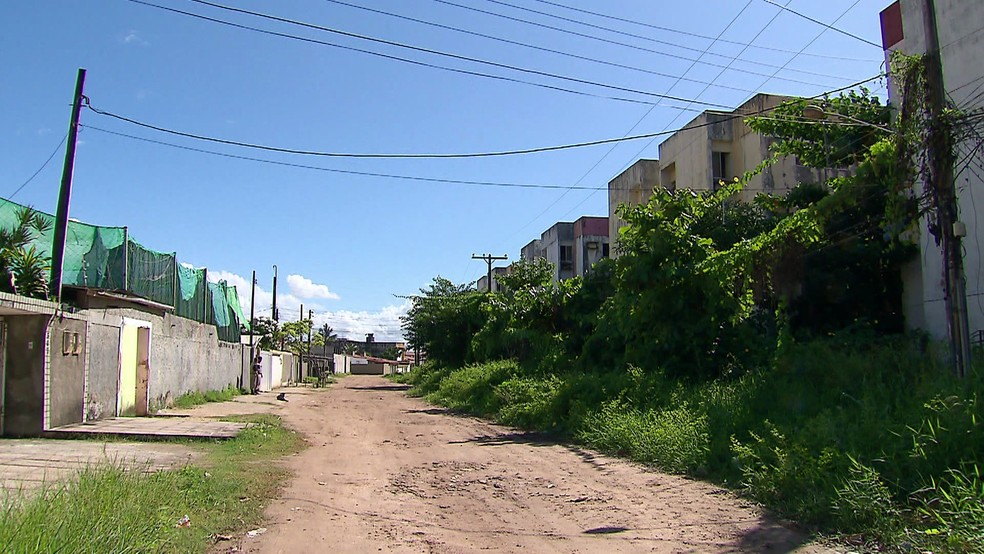 O mato alto já tomou conta do muro dos residenciais abandonados no bairro de Jardim Fragoso, em Olinda (Foto: Reprodução/TV Globo)