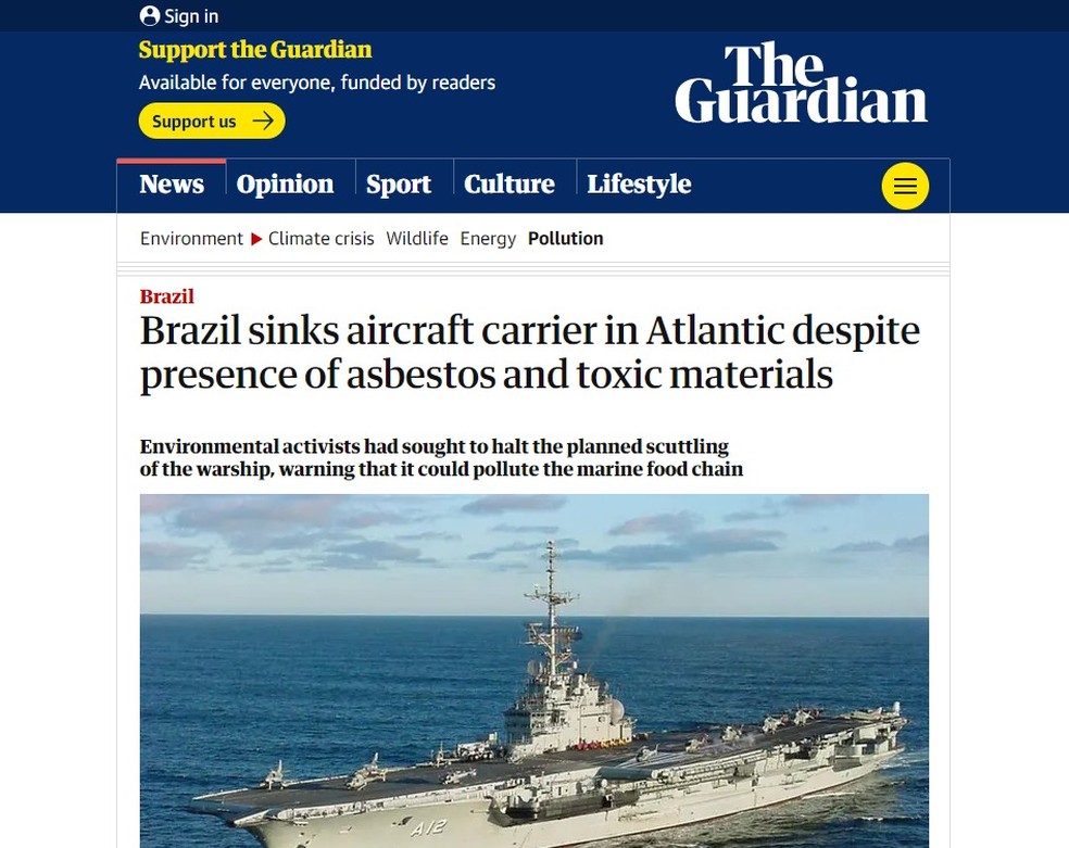 Imprensa internacional repercute afundamento de porta-aviões no Brasil — Foto: Reprodução