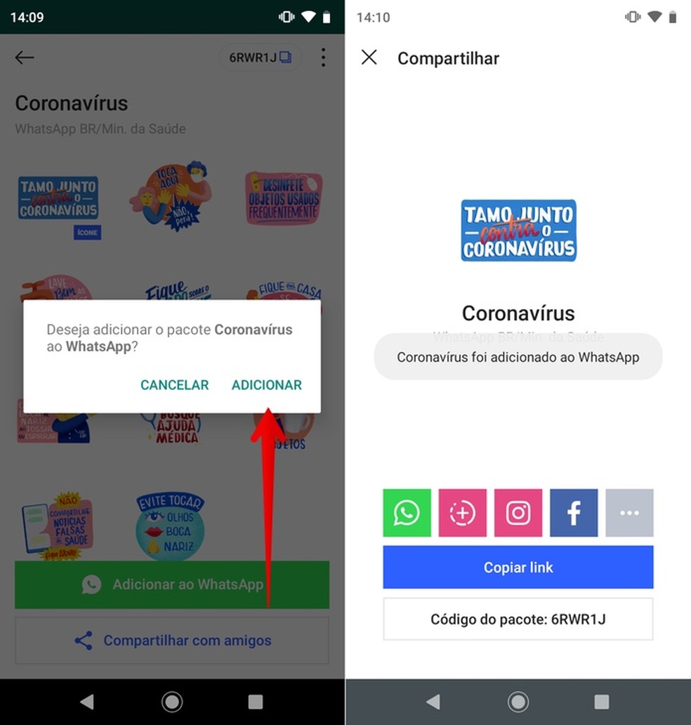 Instalando figurinhas no WhatsApp — Foto: Reprodução/Helito Beggiora