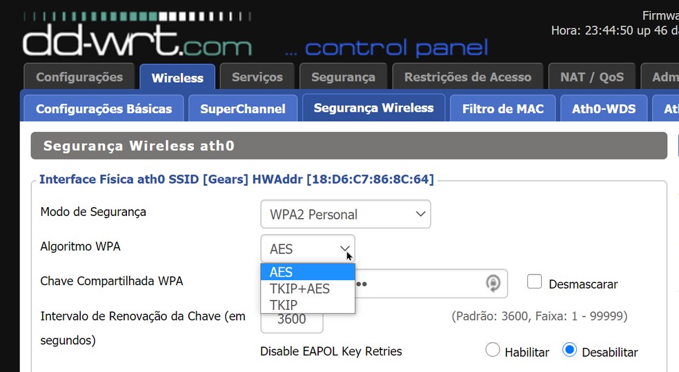 Mudança de algoritmo do WPA para AES em um roteador Wi-Fi.  — Foto: Reprodução