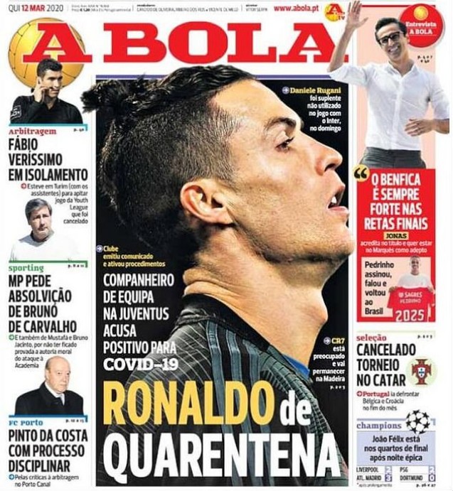 A capa da edição de hoje (12/03/2020) noticiando a quarentena de Cristiano Ronaldo (Foto: Instagram)