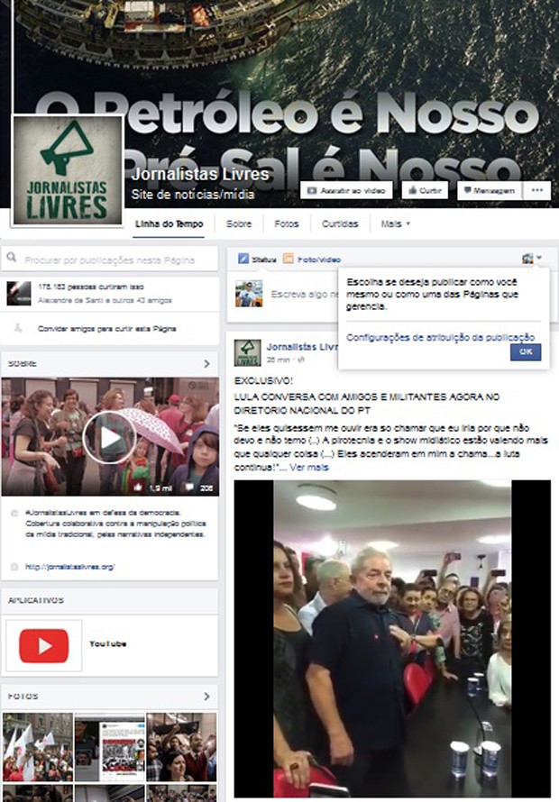 Página do site Jornalistas Livres no Facebook reproduz trecho de pronunciamento do ex-presidente Lula  (Foto: Reprodução / Facebook)