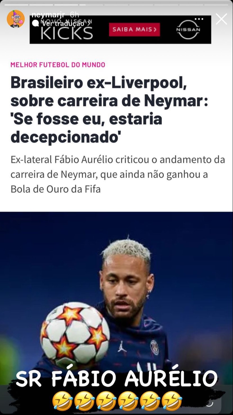 Neymar compartilha entrevista de Fábio Aurélio, ex-jogador do Liverpool — Foto: Reprodução