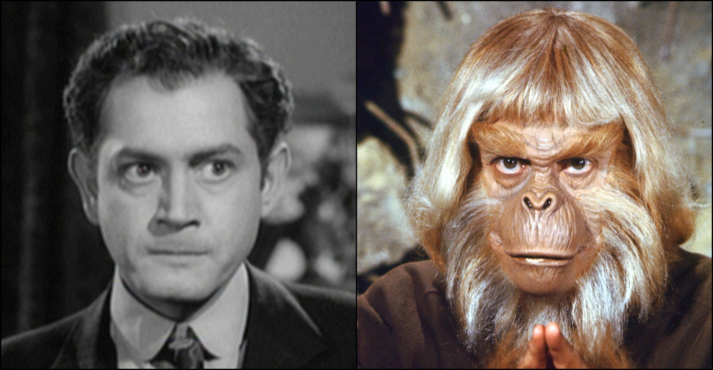 Booth Colman na minissérie de terror 'The Veil', de 1958 (à esq.), e como o Dr. Zaius da série 'Planeta dos Macacos'. (Foto: Reprodução e Getty Images)