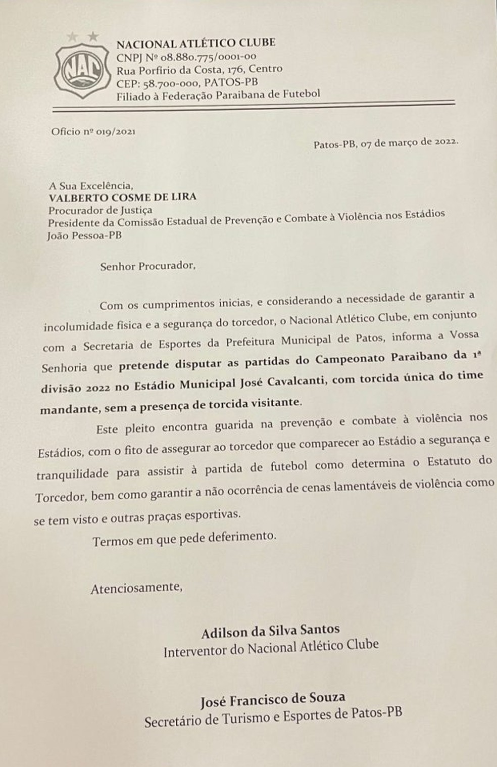 Ofício do Nacional de Patos solicitando torcida única no Estádio José Cavalcanti — Foto: Reprodução / Redes Sociais