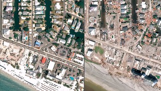 Combinado de imagens de satélite mostram o antes e o depois do furacão Ian atingir a Flórida, nos EUA, na semana passada — Foto: AFP