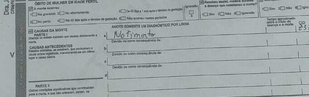 Certidão de óbito do bebê é registrado como "natimorto" — Foto: Arquivo Pessoal