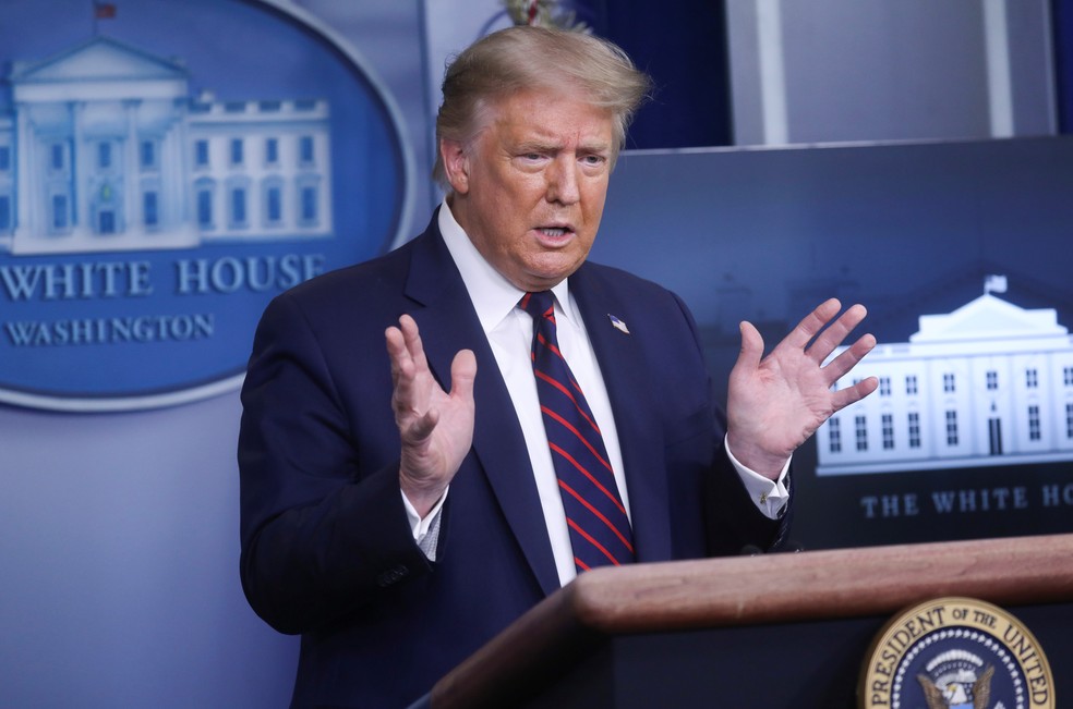 Presidente dos EUA, Donald Trump, durante coletiva de imprensa na Casa Branca nesta terça-feira (21) — Foto: Leah Millis/Reuters