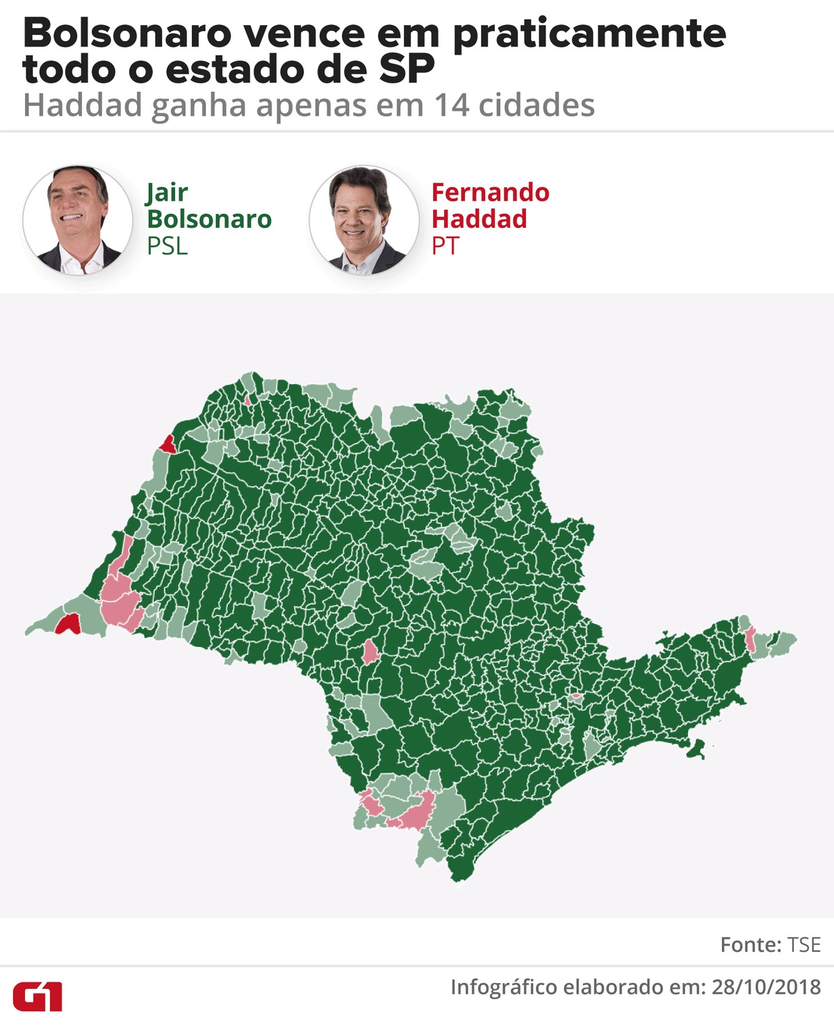 Bolsonaro vence em 631 das 645 cidades do estado de SP; na capital