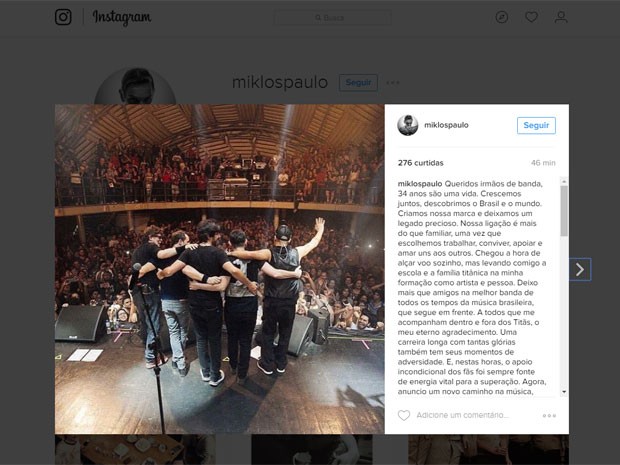 Post de Paulo Miklos no Instagram em que ele comenta sua saída do Titãs (Foto: Reprodução/Instagram/miklospaulo)