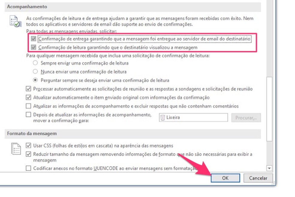 Ação para ativar a confirmação de entrega e confirmação de leitura no software Microsoft Outlook — Foto: Reprodução/Marvin Costa