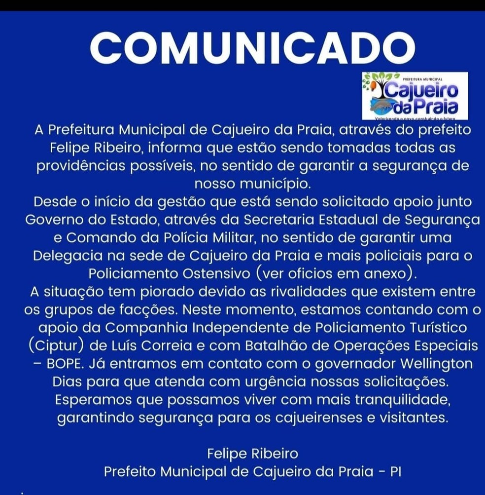Comunicado da prefeitura de Cajueiro da Praia sobre violência — Foto: Reprodução