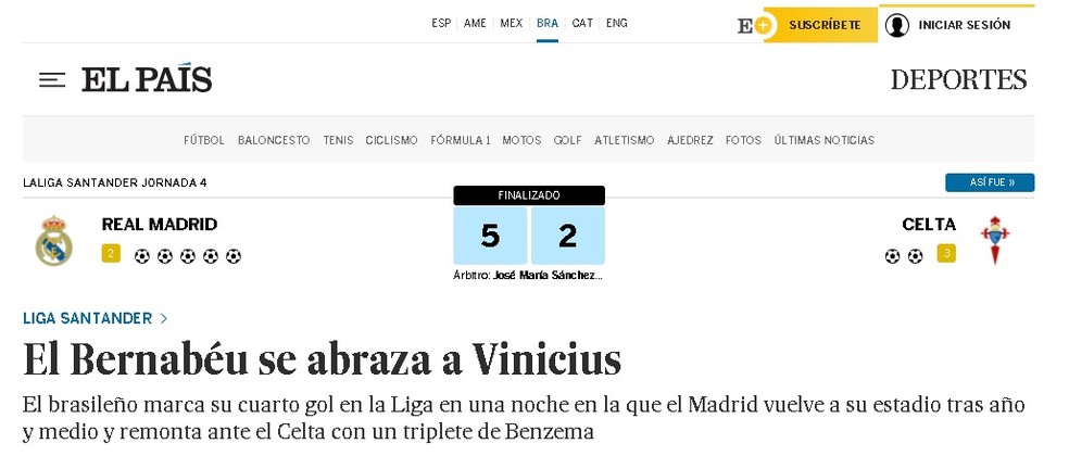 O "El País" diz que o "Bernabéu se abraça a Vinicius", em referência à comemoração de Vini Jr, que foi para a torcida — Foto: Reprodução/El País