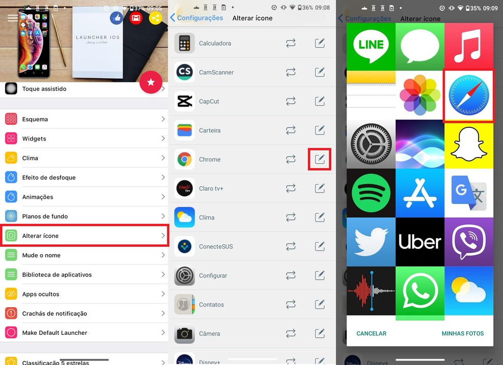 Altere o desenho dos ícones dos apps para ficarem iguais aos do iPhone — Foto: Reprodução/Clara Fabro