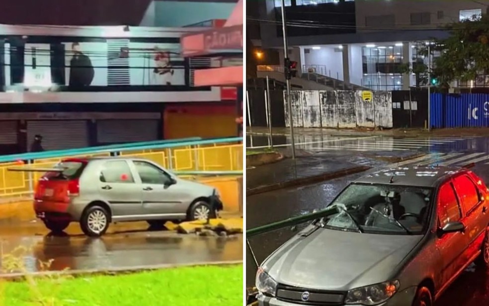Barra de ferro atravessa carro de um lado ao outro, em Goiânia — Foto: Reprodução/TV Anhanguera