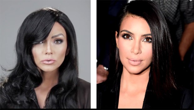 A maquiadora na sua versão da socialite Kim Kardashian (Foto: Reprodução / YouTube)