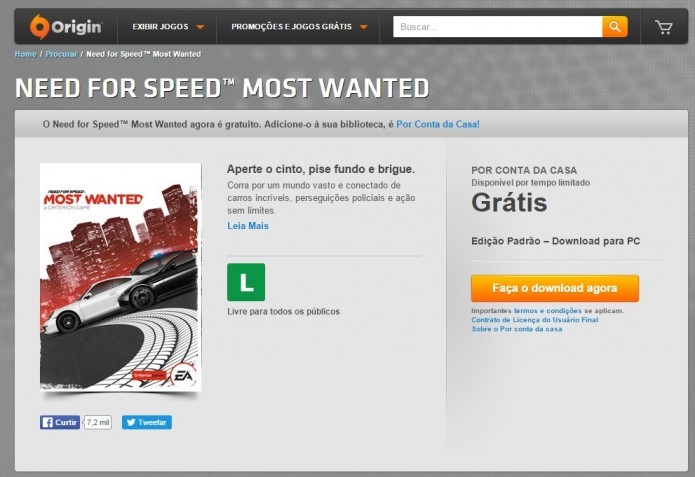 Need for Speed Most Wanted: até a data da publicação desta matéria, o jogo encontra-se disponível de graça na Origin (Foto: Reprodução/Paulo Vasconcellos)