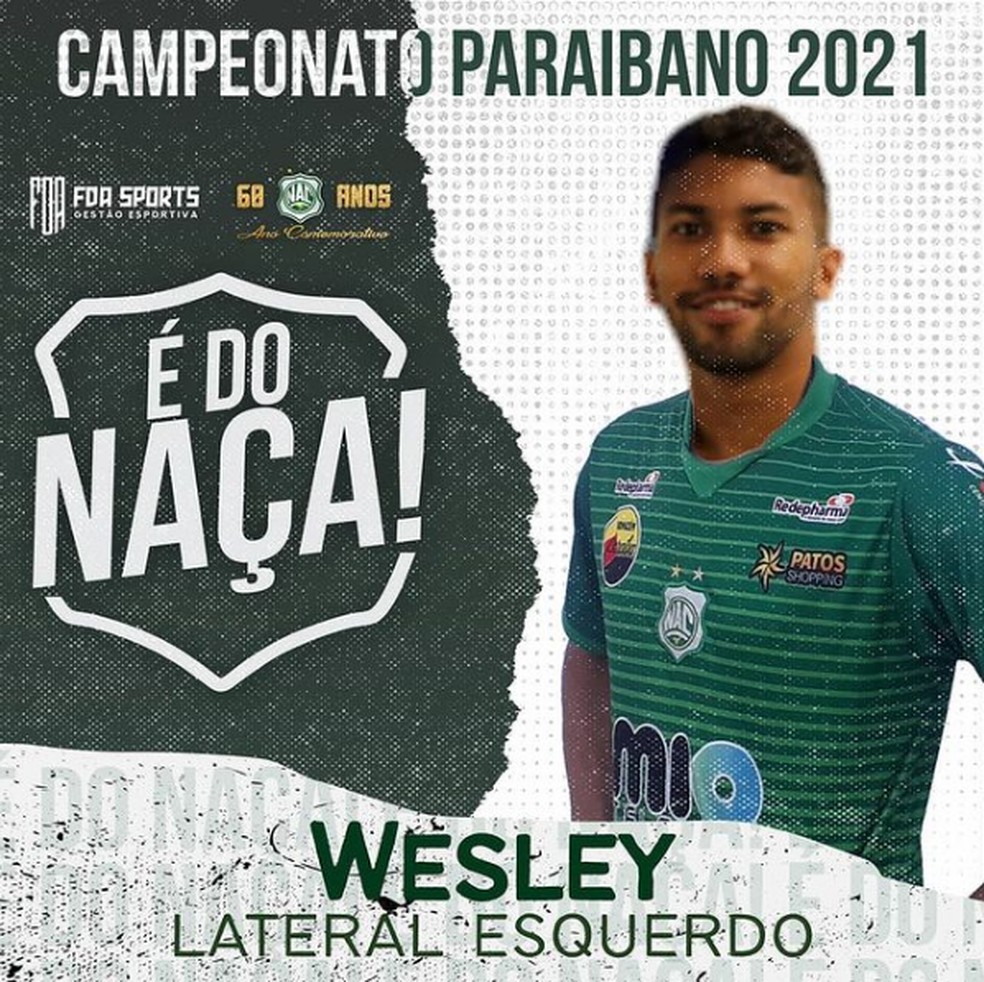 Lateral-esquerdo Wesley � o d�cimo segundo refor�o do Na�a para a temporada 2021 � Foto: Divulga��o / Nacional de Patos