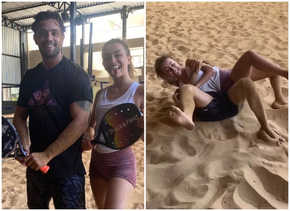 Rafael Cardoso e affair, Vivian Linhares, rolam na areia após aula de beach tênis: Duplinha