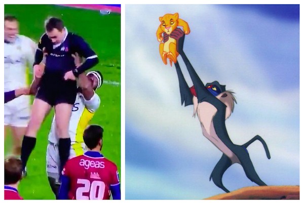 O jogador de rugby fijiano Josaia Raisuqe erguendo o juiz Laurent Millotte foi comparada à clássica cena inicial de O Rei Leão (1994) (Foto: Reprodução)
