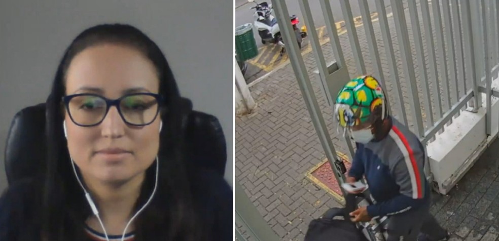 Roberta Silveira e o entregador que aplicou o golpe do bolo de aniversário nela.  — Foto: Reprodução