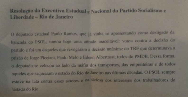 Nota do PSOL sobre afastamento de Paulo Ramos