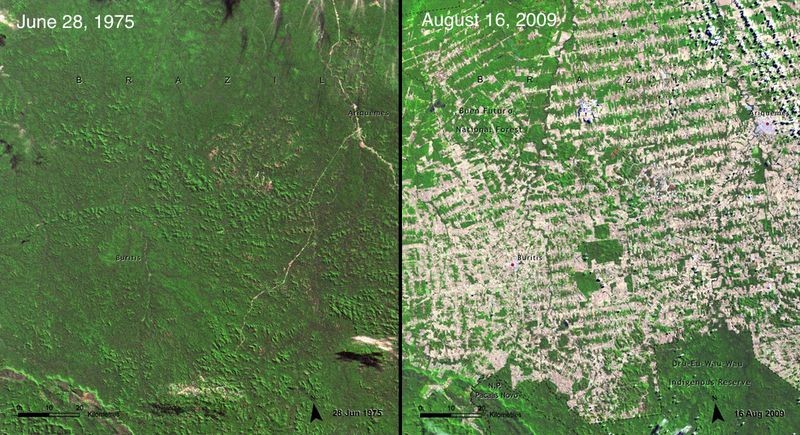 As fotos de satélites mostram uma área no Estado de Rondônia. A foto de 2009 mostra a rápida proliferação de fazendas, a maior parte delas produtora de soja. Para se ter uma ideia do estrago entre as épocas em que as duas fotografias foram tiradas, apenas (Foto: Reprodução)