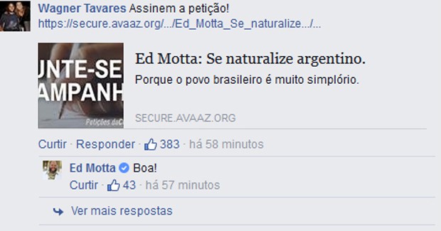 Ed Motta responde a comentário em sua página no Facebook (Foto: Reprodução / Facebook)