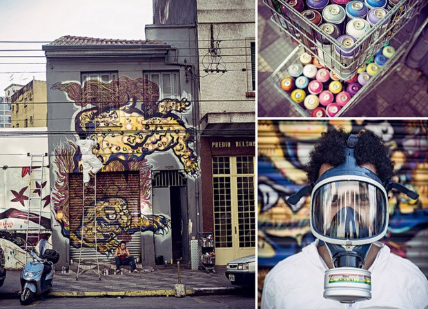 Arte | A fachada de uma casa na Rua do Glicério foi transformada pelo grafite do Grupo Sem Nome, executado por Ramon Martins (Foto:  )