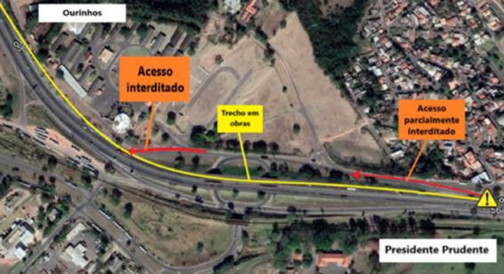Serviços de manutenção na SP-270 causam interdições no trecho de Presidente Prudente (SP) — Foto: Reprodução/Cart