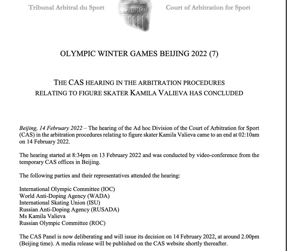 Audiência do caso de doping da russa Valieva durou quase 6 horas — Foto: Reprodução