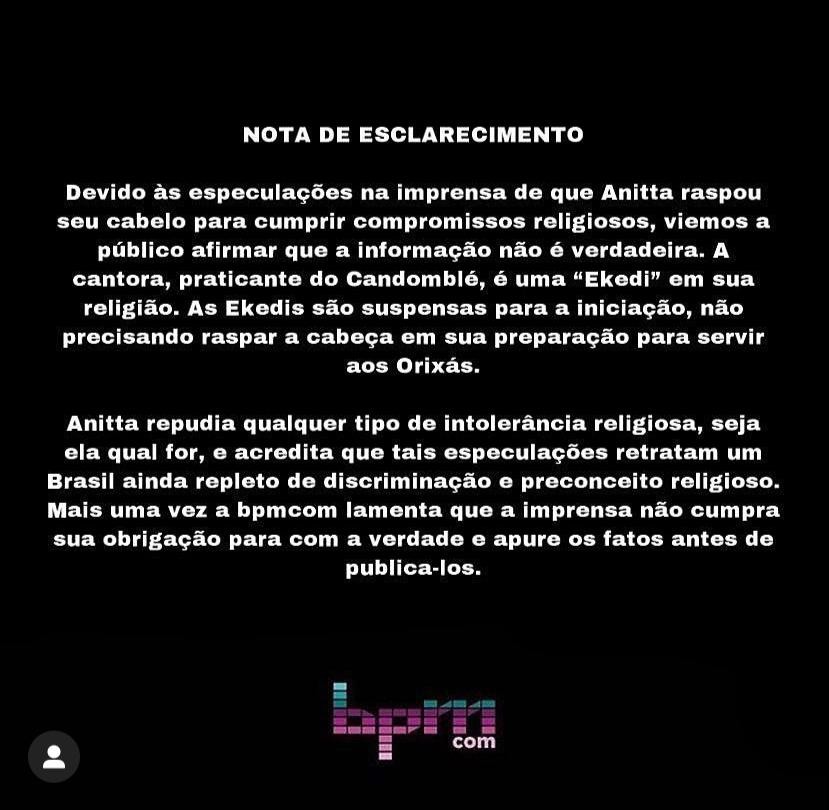 Assessoria de imprensa de Anitta se pronuncia sobre caso de intolerância religiosa (Foto: Reprodução / Instagram)