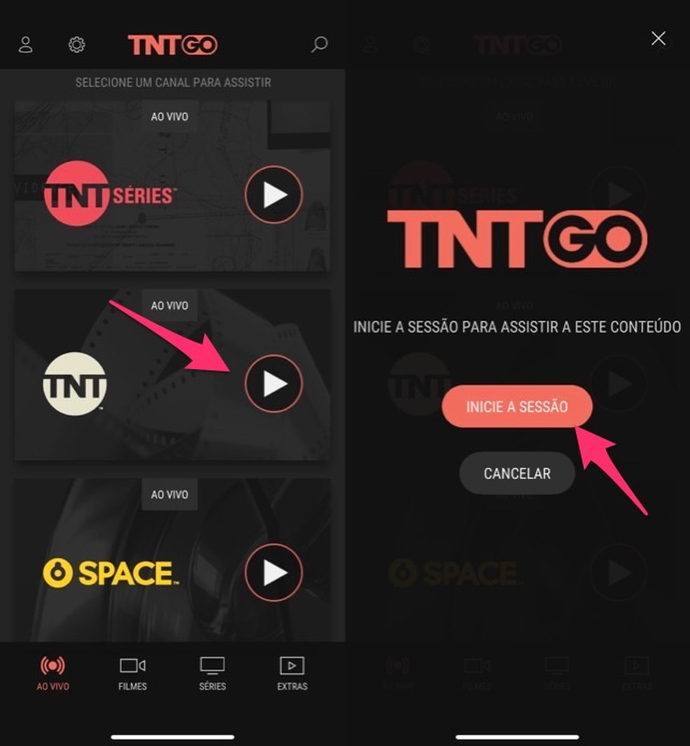 Onde assistir Globo de Ouro? Ação para visualizar a tela de login do serviço TNT Go — Foto: Reprodução/Marvin Costa