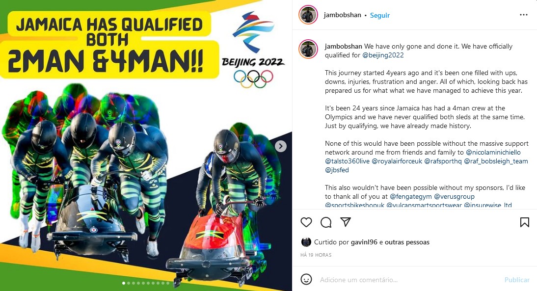 O post na conta da Federação Jamaicana de Bobsled celebrando a vaga da equipe nos Jogos Olímpicos de Inverno de Pequim (Foto: Instagram)