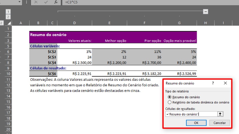 O Excel criará o “Resultado do Cenário” em uma nova planilha (Foto: Reprodução/Daniel Ribeiro)