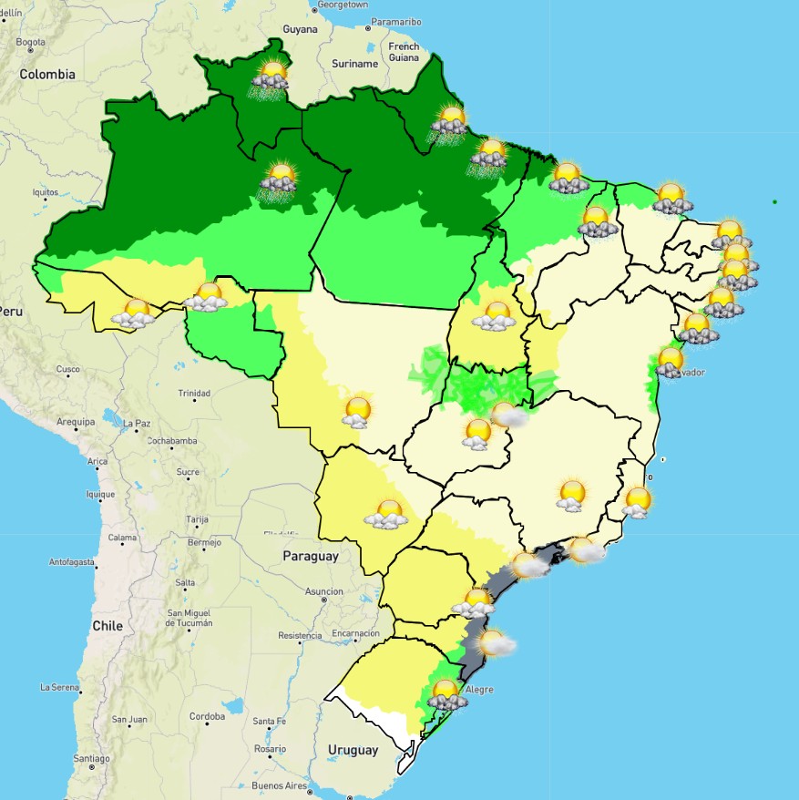 Mapa do Brasil feito pelo Inmet indica o predomínio do tempo seco na maior parte do país nesta quarta-feira (16/6) (Foto: Inmet)