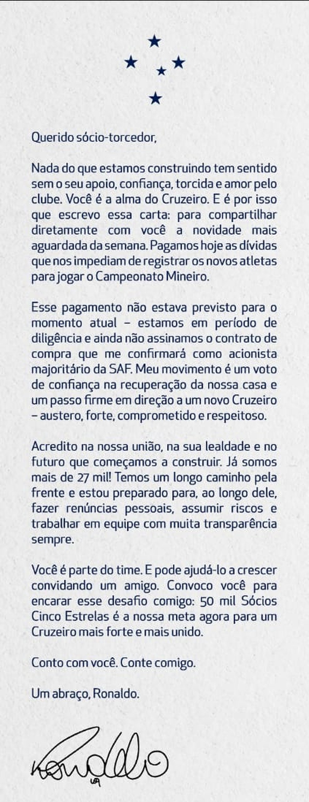 Ronaldo envia carta aos sócios do Cruzeiro após pagar dívidas do transfer ban — Foto: Reprodução