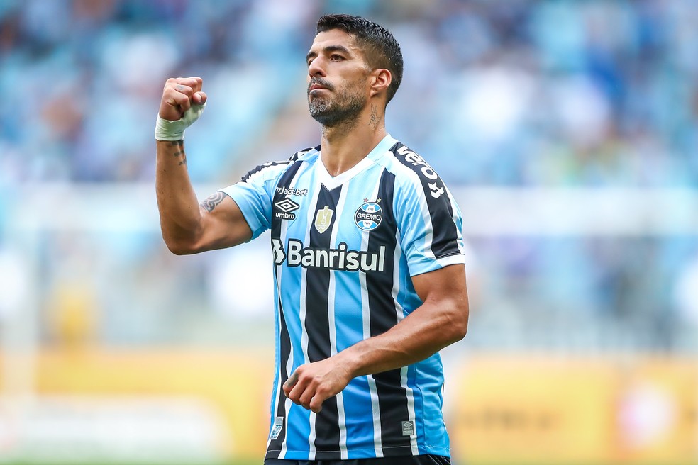 Luis Suárez comemora gol pelo Grêmio — Foto: Lucas Uebel/Grêmio