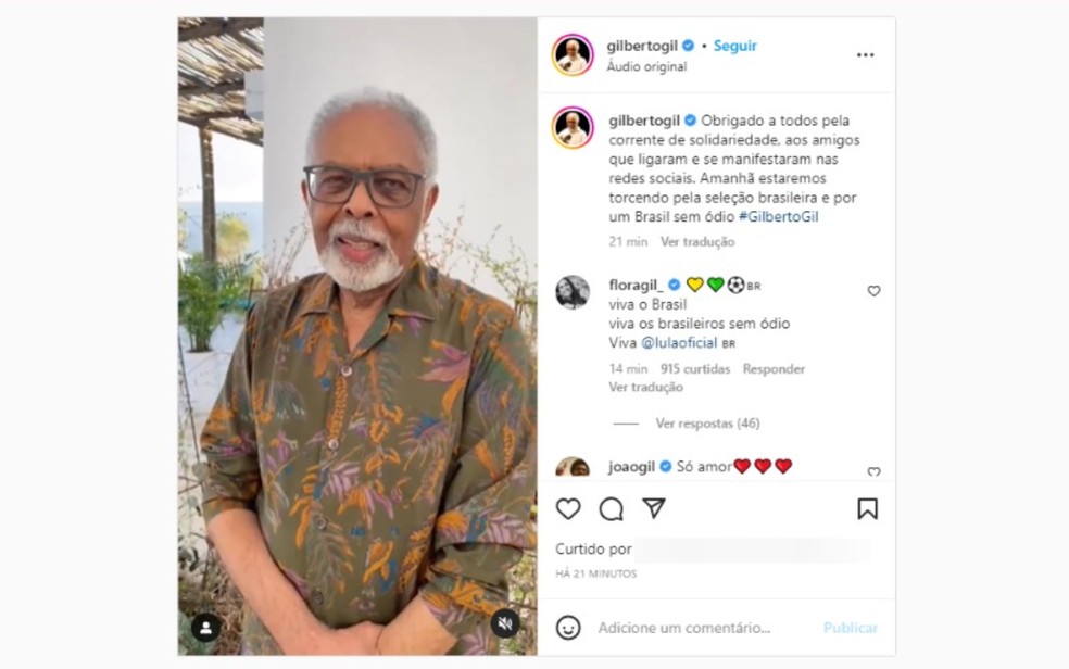Gilberto Gil posta vídeo e agradece solidariedade de amigos após ter sido xingado por torcedores brasileiros em jogo da seleção — Foto: Reprodução/Redes Sociais
